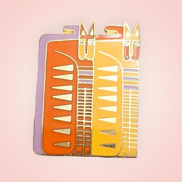 Laurel Burch "Egypticat" Brooch Cloisonne Gold Plated Yellow Orange Enamal Cats - Picture 1 of 2